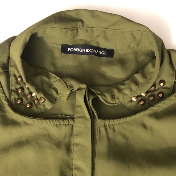 Foreign Exchange Olive Green Long Sleeve Blouse Button-Up Collar Studs Preowned - Picture 7 of 8